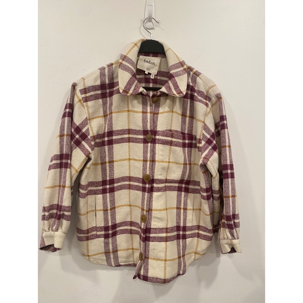 ba&sh Plaid Shacket Women's Medium Cream Burgundy Oversized Flannel Shirt Jacket